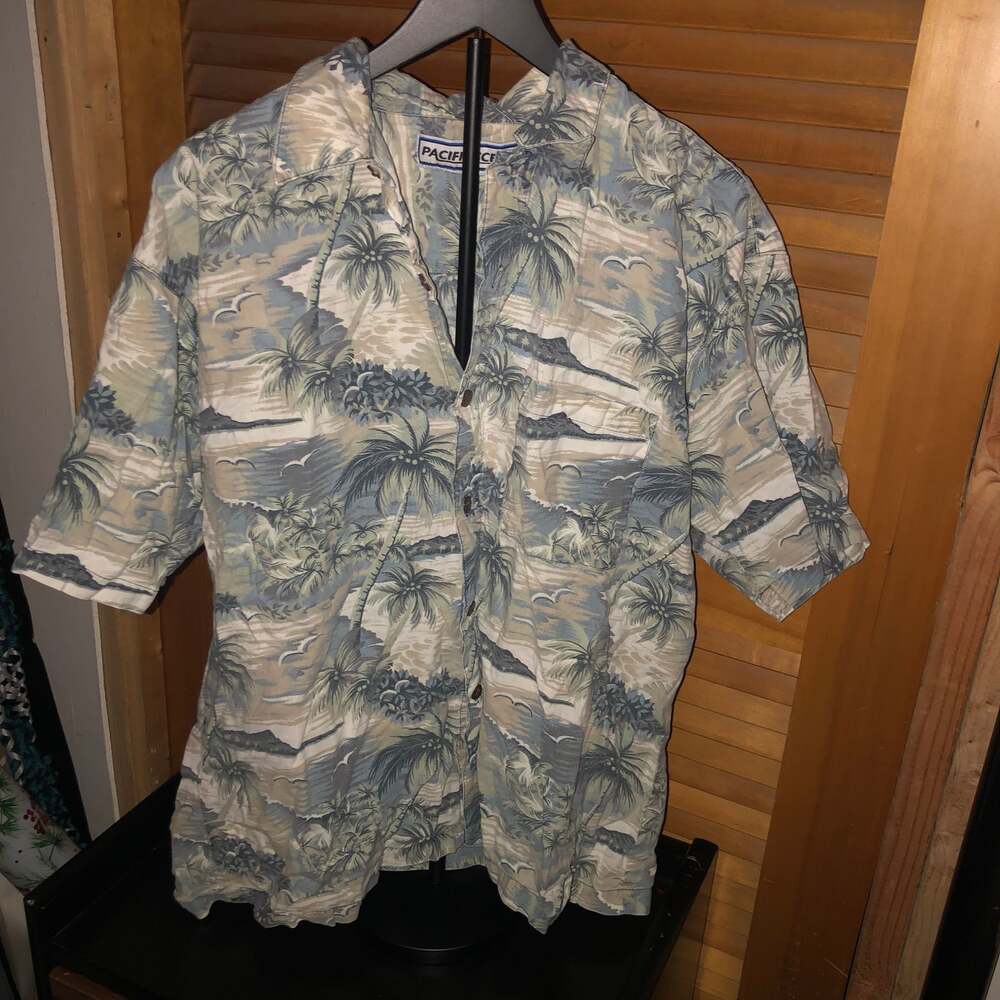 Pacific Scene Hawaiian Shirt Palm Tree & Beach Scene Men's Large